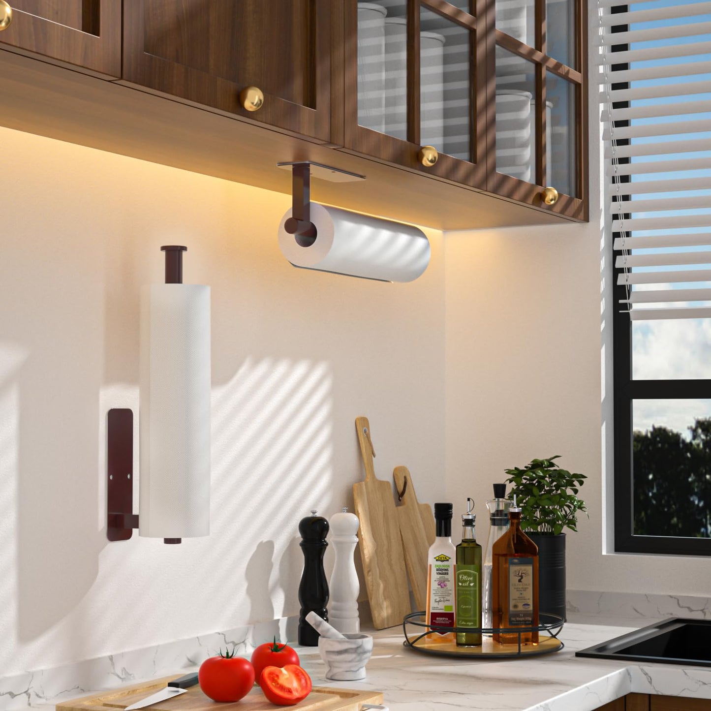 ASTOFLI Paper Towel Holder Under Cabinet No Drilling, Self Adhesive Paper Towel Holder Wall Mount for Kitchen Rack, Under Counter Napin Holder No Drill, 304 Stainless Steel Matte Black