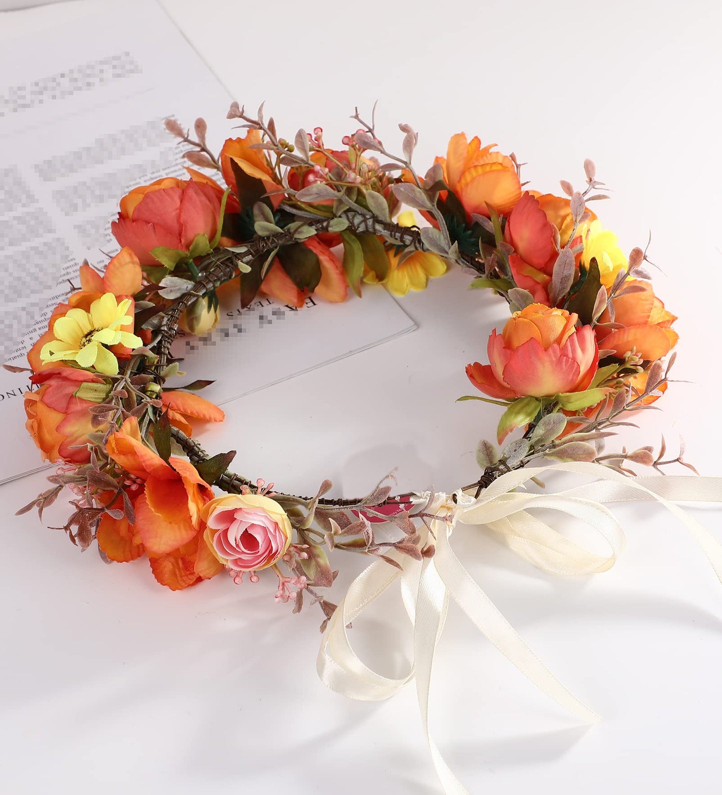 LLinfflr Women Flower Crown Bridal Floral Headband Hair Wreath Flower Headpiece Halo Boho Party Prom Wedding Photos Orange