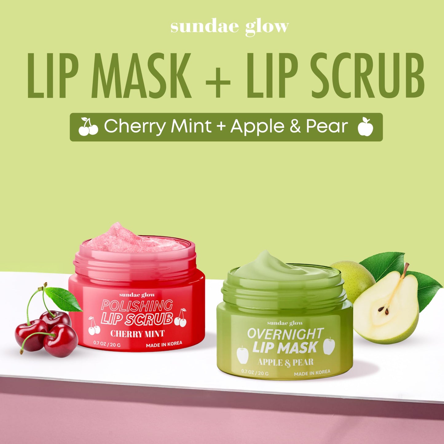 Sundae Glow Apple, Pear, Cherry & Mint Lip Mask and Scrub - Dermatologist Tested, Hydrating & Exfoliating, Korean Skin Care, Nourishes, Softens & Brightens Lips - Vegan & Natural - 1 Pack