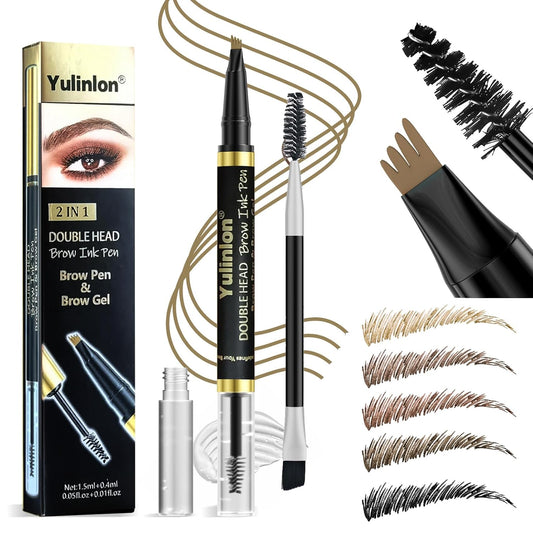 Yulinlon 2-in-1 Double Head Eyebrow Pen - Waterproof Brow Makeup with Dual-Ended Applicator | Dark Brown