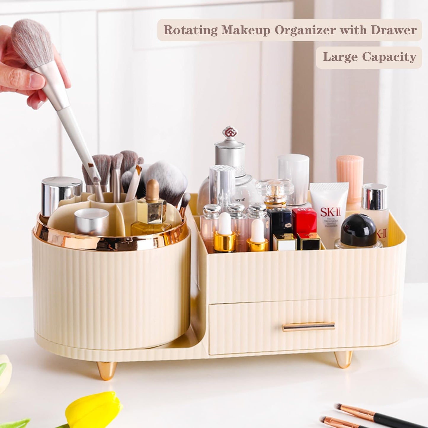 Rotating Makeup Organizer for Vanity with Brush Holder and Drawer, Cosmetic Makeup Storage, Large Spinning Makeup Skincare Organizer, Countertop Makeup Perfume Organizer, Lotions Display Case (Ivory)