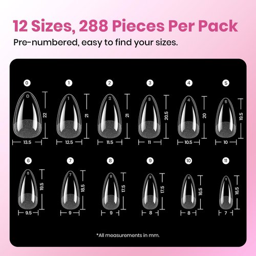 Beetles Gel Nail Kit Etch-X, Almond Short, 288pcs 12 Sizes Nail Tips, with 10ml Hema-Free Nail Glue Gel, Glue on Nails for Acrylic Press On Nail, Pre-Etched Half Matte Extension Set for Home DIY