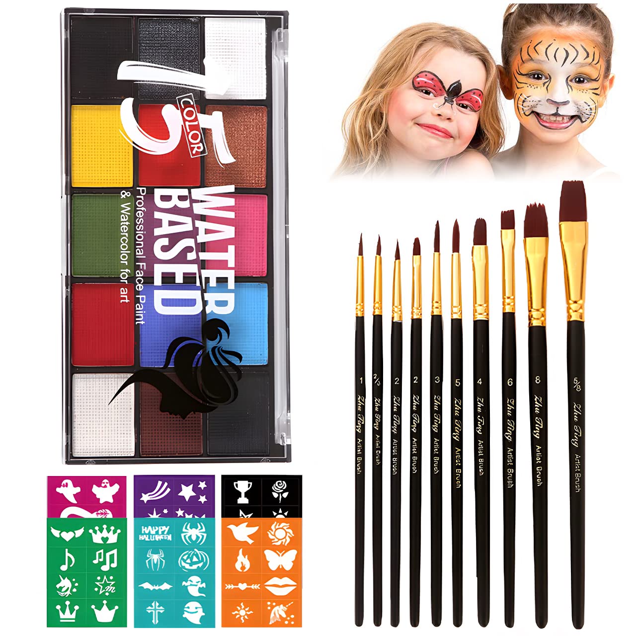 Face Painting Kit for Kids Adults, Water Activated Body Face Paint, 15 Colors Water Based Facepaints Makeup Palette 12 Pcs Brushes, Stencils, Non Toxic for Halloween Party Birthday Cosplay