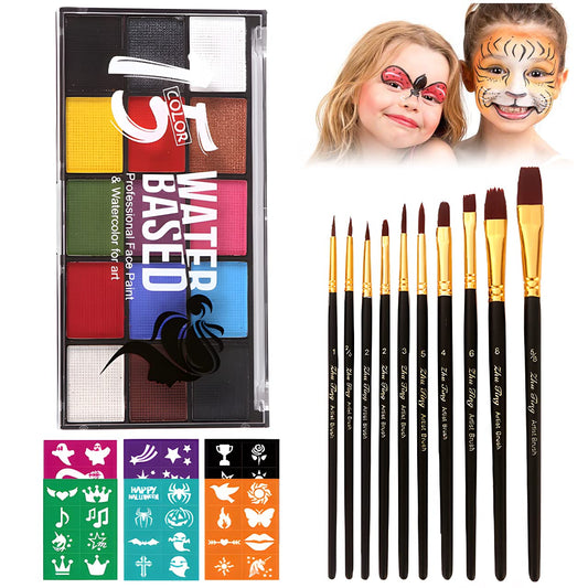 Face Painting Kit for Kids Adults, Water Activated Body Face Paint, 15 Colors Water Based Facepaints Makeup Palette 12 Pcs Brushes, Stencils, Non Toxic for Halloween Party Birthday Cosplay