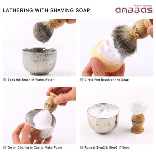 Anbbas Pure Badger Hair Shaving Brush Solid Manchurian Ash Wood Handle,Black Broken-Resistant Acrylic Shaving Stand,Stainless Steel Shaving Bowl Dia 3.2 inch and Goat Milk Soap 100g 4IN1 Set for Men