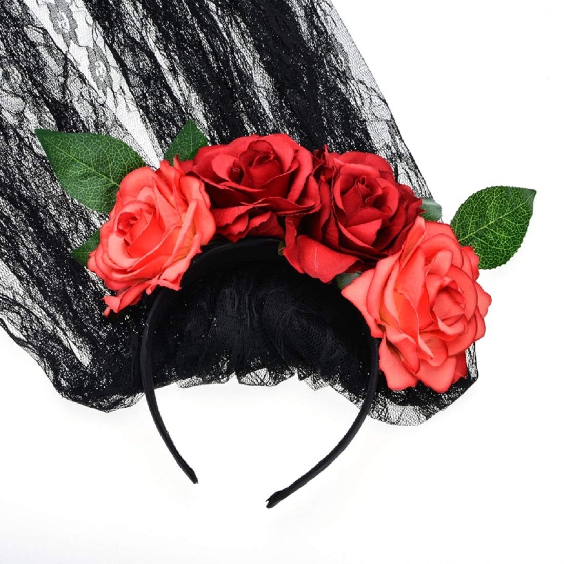 Vividsun Day of The Dead Veil Headband Floral Crown Halloween Costume Rose Flower Headband (orange red)