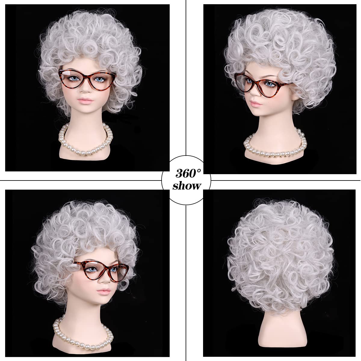 White Curly Old Lady Costume Wig with Granny Glasses and Pearl Necklace for Halloween Party