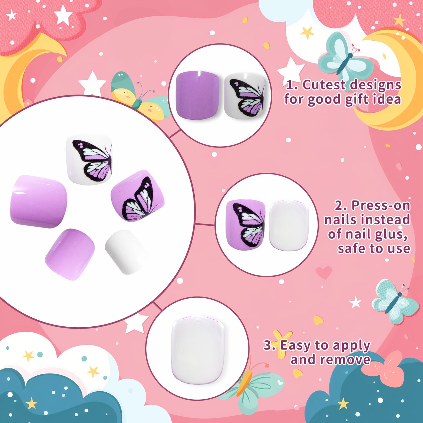 Kawyehu Kids Press on Nails Children Fake Nails Artificial Nail Tips Adhesive Full Cover Short False Fingernails for Girls Kids Nail Decoration (Purple Butterfly)