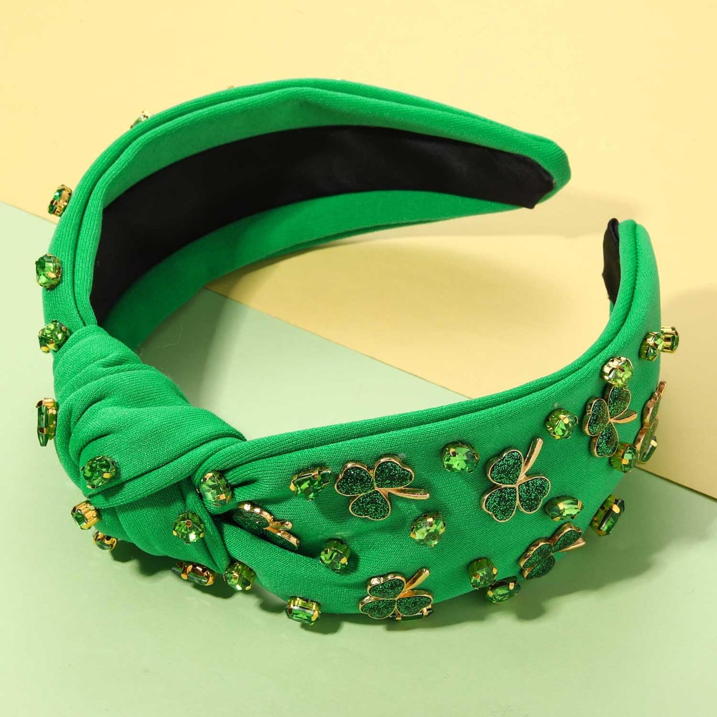 CEALXHENY Embellished Crystal Rhinestone Knotted Headband - Green Shamrock Irish Holiday Hair Accessories Outfit (Shamrock C)