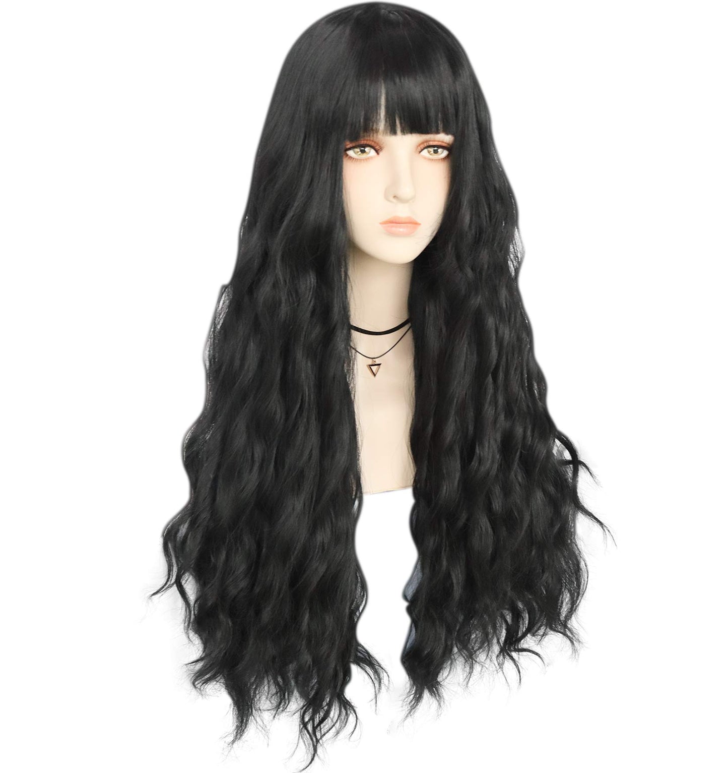 IMEYLE Wig Black Cosplay Wig Long Black Wig With Bangs for Women Wavy Wig Heat Resistant Synthetic Wig for Halloween Costume Party + Wig Cap