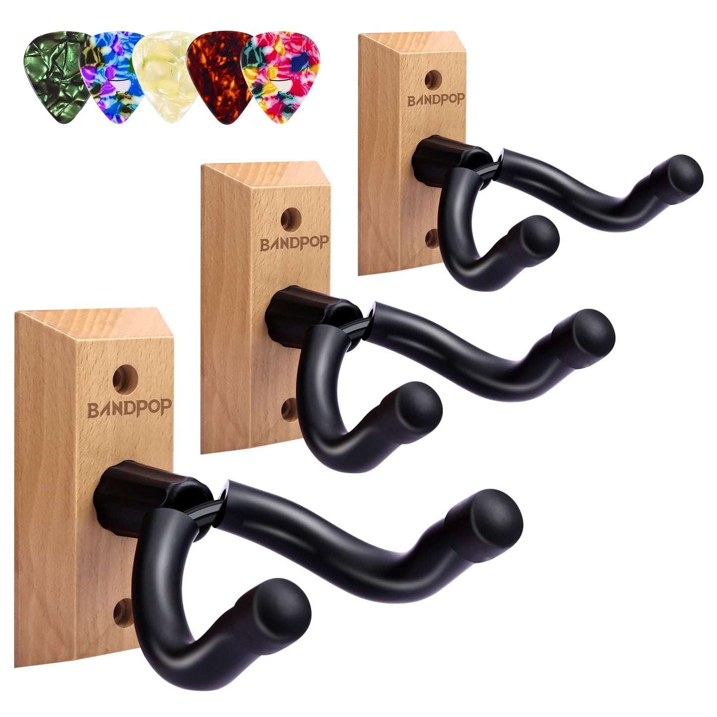 Bandpop Guitar Wall Mount - Solid Beech Wood Guitar Hanger with 5pcs Picks for Acoustic, Electric, Bass, Banjo, Mandolin