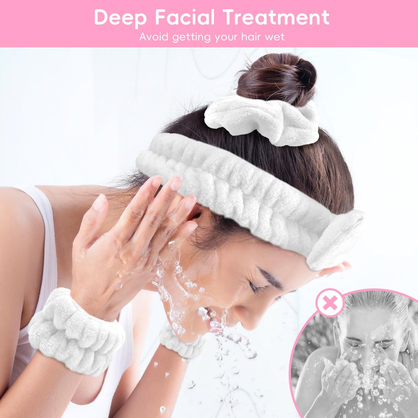 my novel things Spa Headband for Washing Face, Skincare headband and wristband set, Facial Cleansing Brush, 2-in-1 Skin Care face Brush, Come with a Hair Scrunchie, For Massaging Makeup Skincare-White
