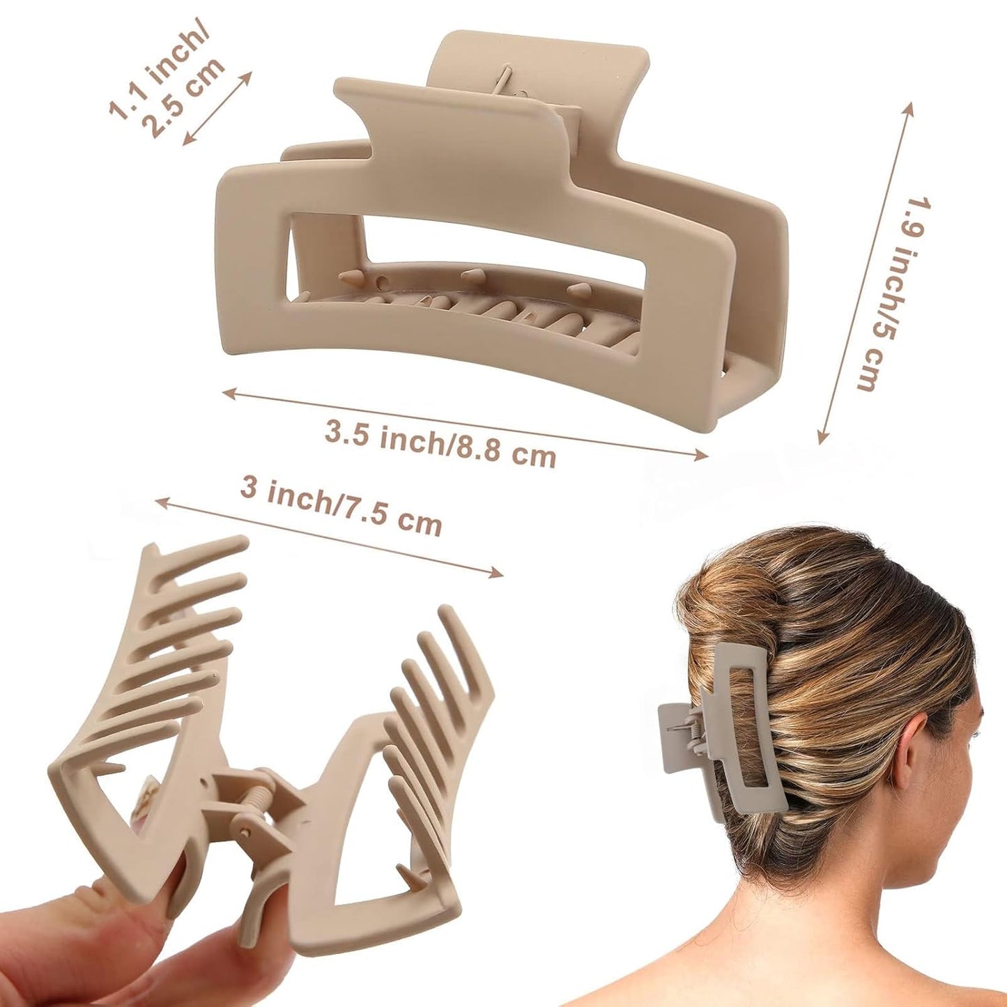 6 Pack Square Claw for Women Girls, 3.5" Medium Non-slip Rectangular Matte Clips Strong Hold Jumbo Hair Styling Accessories, Cool