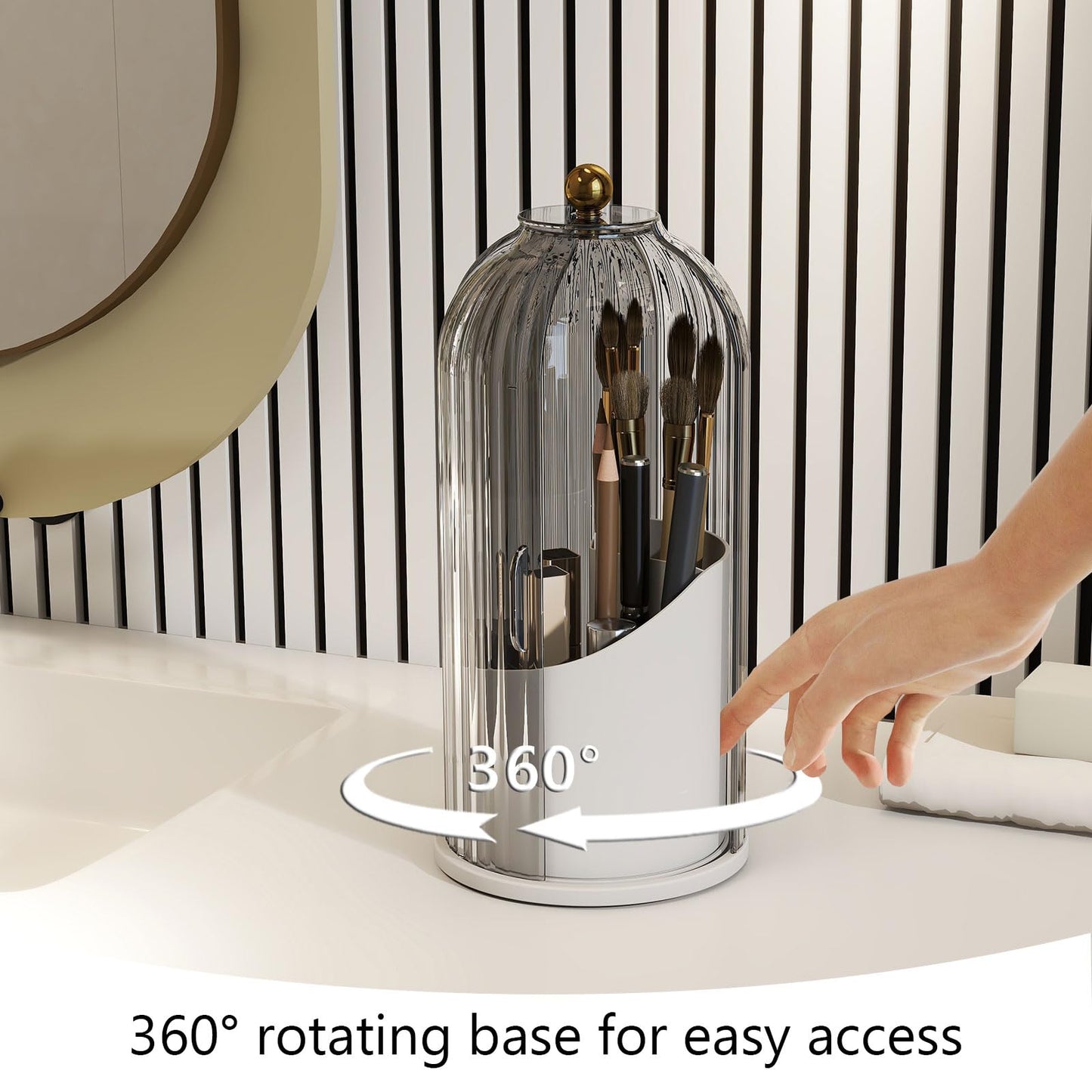 Emljkvp Makeup Brush Holder with Dustproof Cover 360 Rotating Makeup Brush Organizer for Vanity Bathroom, Grey