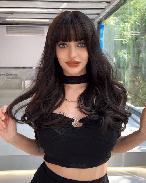 JIAHE Brown Wig with Bangs - Dark Brown Wig Long Brown Wigs for Women Brunette Wig Brown Wavy Hair Wig for Daily Party (Brown 23 Inches)