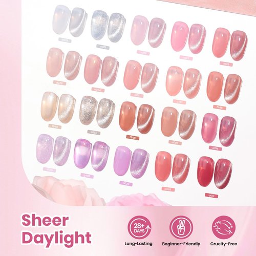 Beetles 80 Pcs Jelly Gel Nail Polish Set -20 Color Gel Nail Kit with U V Light and Cat Eye Top Coat Rubber Base, Milky Pink Nude Red Glitter Sheer Daylight Nails Kit Salon Gifts for Women Teens Girls