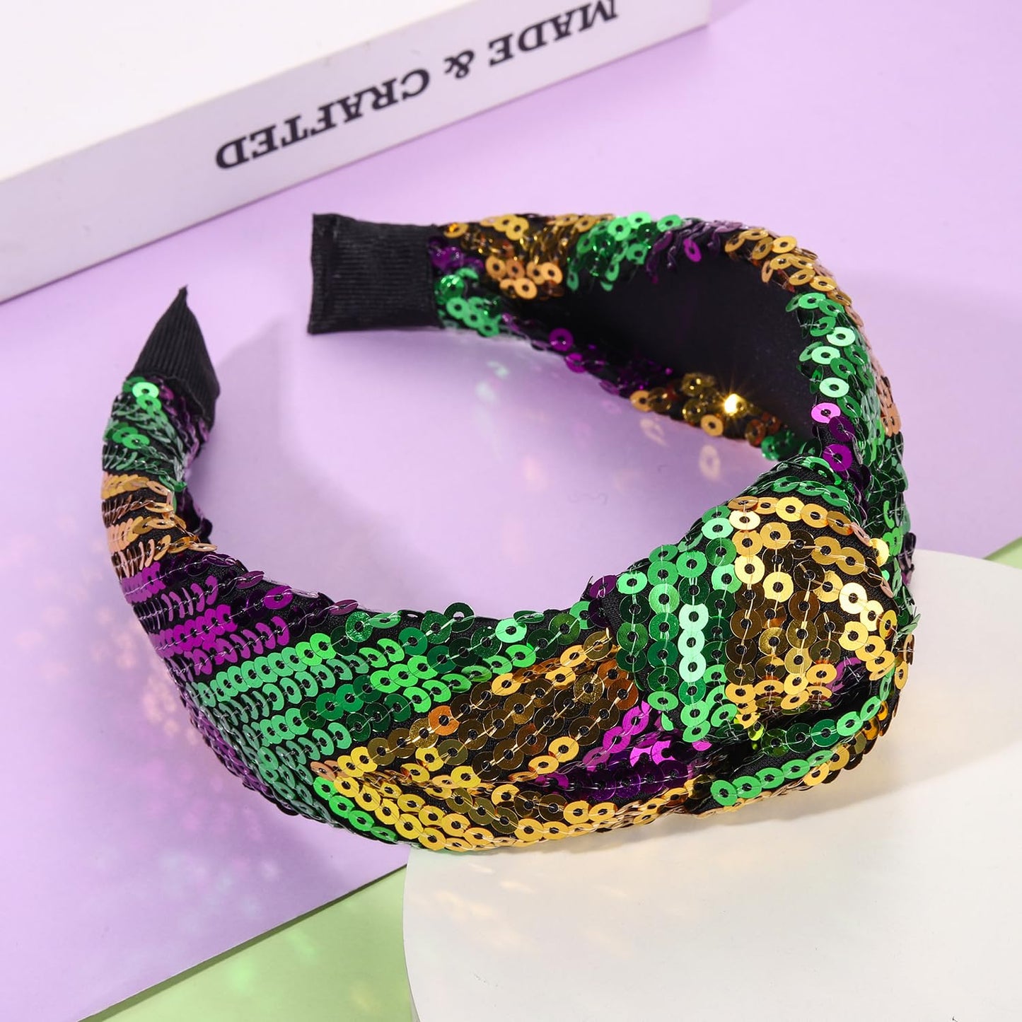 HEIDKRUEGER Mardi Gras Sequin Headband Wide Purple Green Gold Knotted Headband for Women Carnival Parade Hair Accessories (Purple Green Gold)