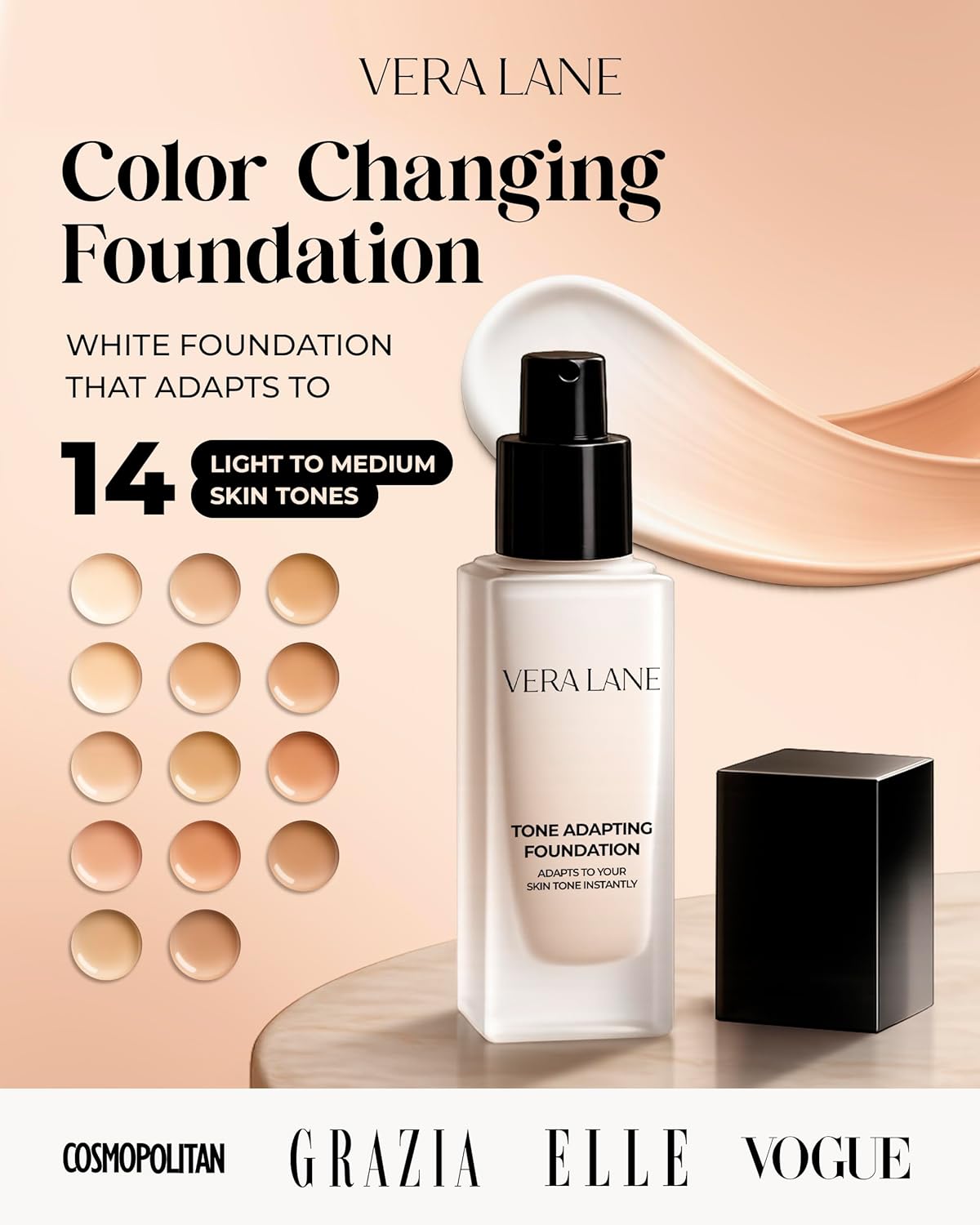 Vera Lane Color Changing Foundation - Self-Adjusting Makeup for Mature Skin | Natural, Lightweight Formula