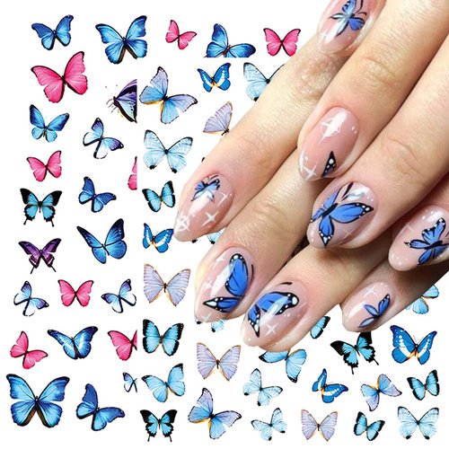 6Pcs Butterfly Nail Art Stickers 3D Self Adhesive Nail Art Supplies Blue Pink Colorful Butterflies Nail Decals with Charm Designs Nail Gel Transfer Spring Butterfly Nail Sticker Girls Manicure Decor