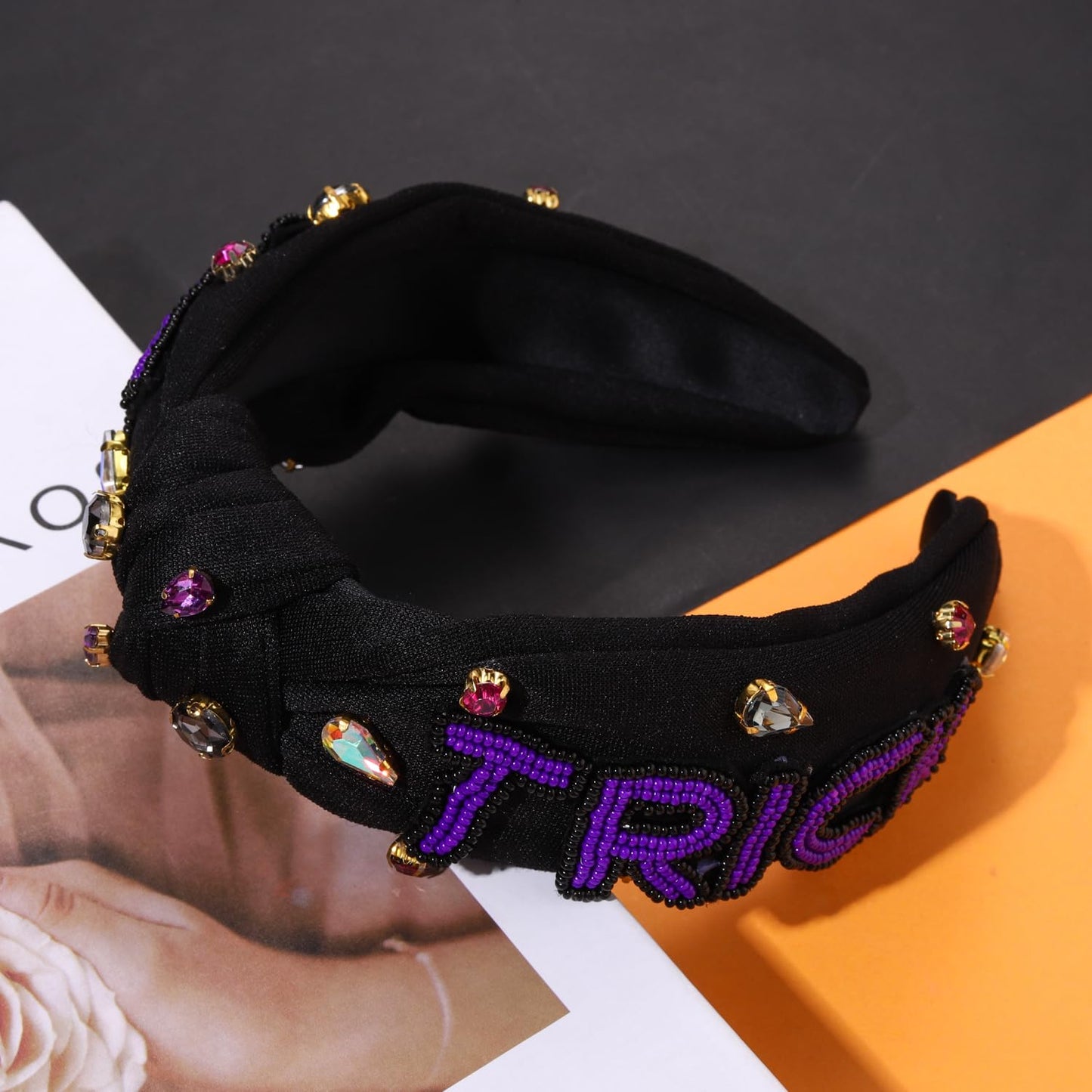 NLCAC Halloween Headbands for Women Beaded Trick Treat Headband Crystal Embellished Wide Knotted Headband Halloween Costume Headwear Hair Accessories Gifts (Trick Treat)