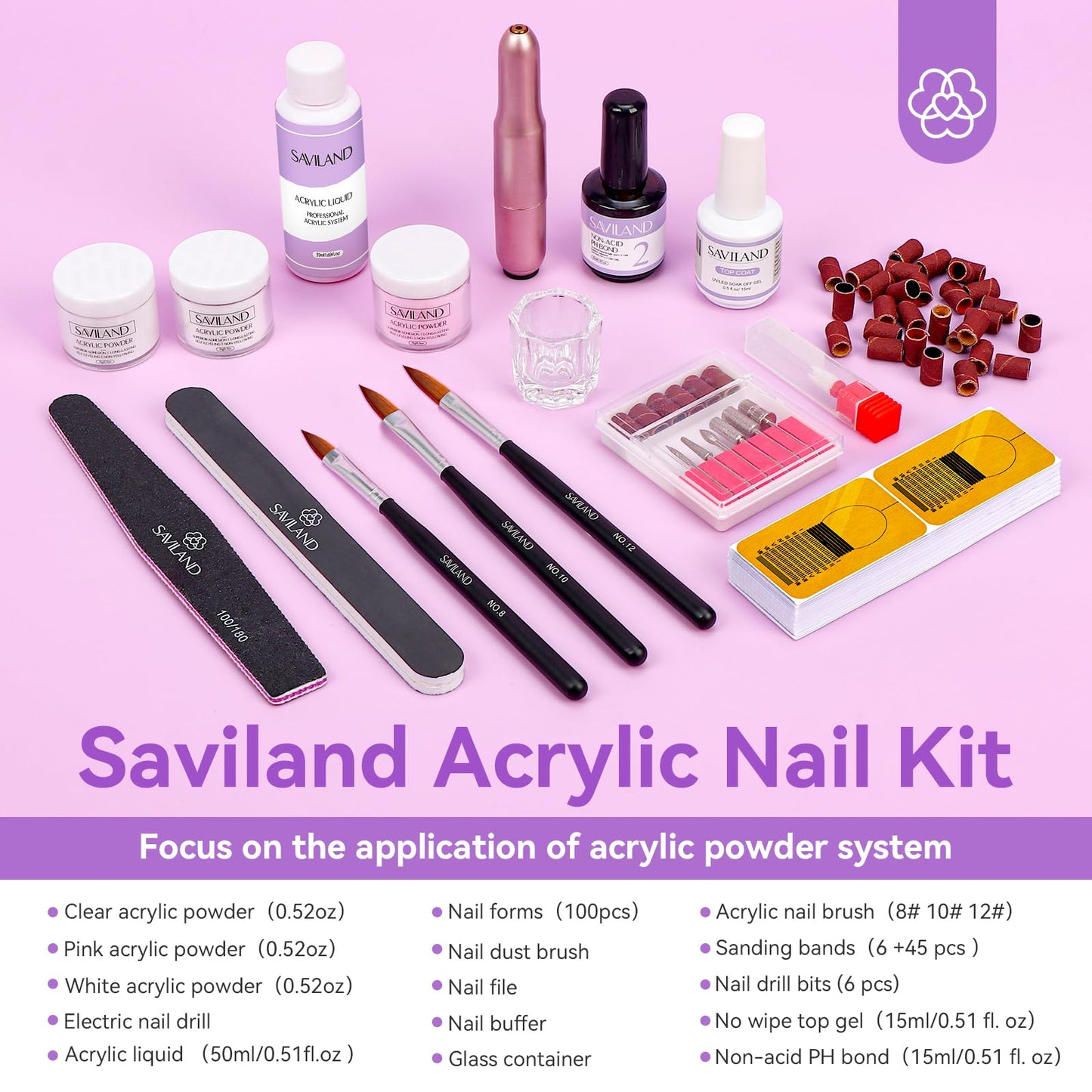 SAVILAND Acrylic Nail Kit with Drill for Beginners - 0.5oz Clear White Pink Acrylic Powder and Liquid Set Acrylic Nail Brushes Professional Nails Kit Acrylic Set Home DIY Nail Extension Carving