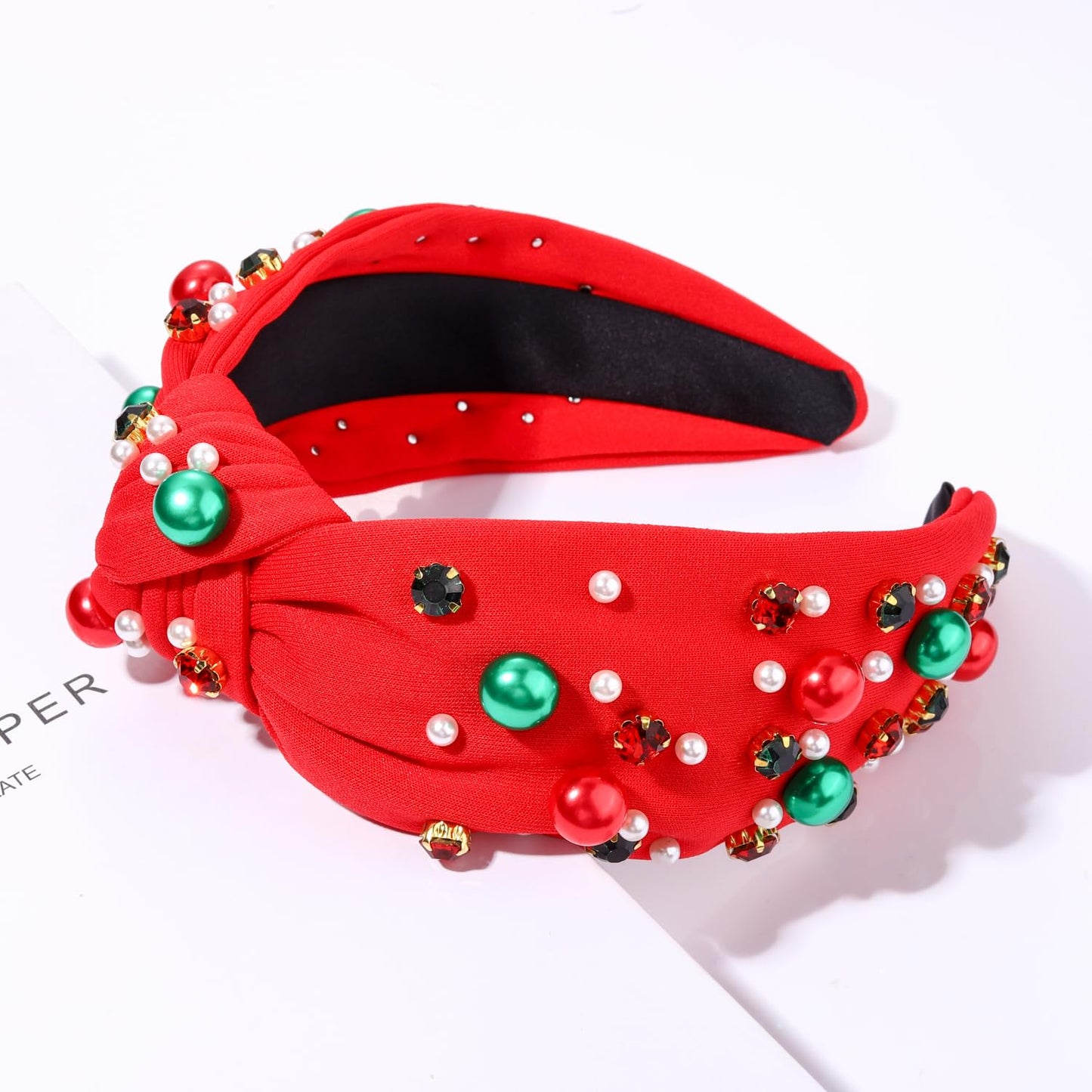 GLBCC Christmas Red Knot Hairband - Pearl & Jewels Top Headband for Women, Fashion Elegant Ladies Wide Knot Head Band, Holiday Party Outfit Gifts