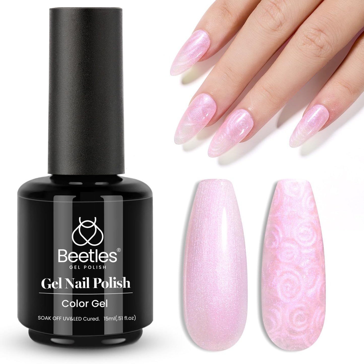 Beetles Baby Pink Pearl Gel Nail Polish, 15ml Pearl Pink Glitter Gel Polish Shimmer Pearlescent Shell Nail Gel Polish Iridescent Soak off Uv Led Salon Nail Art Design Pink Nail Gel