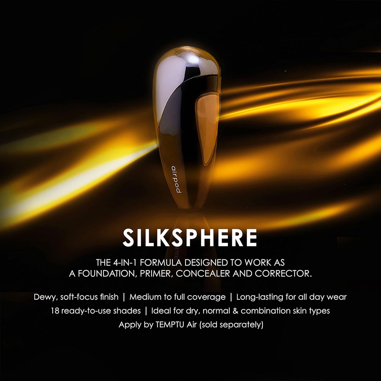 TEMPTU SilkSphere Airbrush Foundation Airpod - Long-Lasting Medium to Full Coverage | 4-In-1 Formula | Dewy Finish | 18 Shades Available