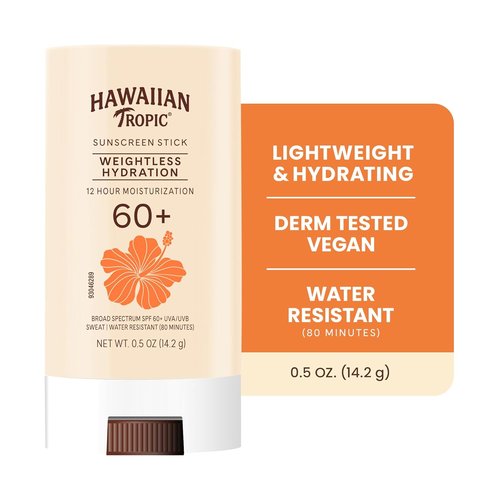 Hawaiian Tropic Weightless Hydration Sunscreen Stick SPF 60+ - Travel Size Oil-Free Sunblock for Face & Body, 0.5oz