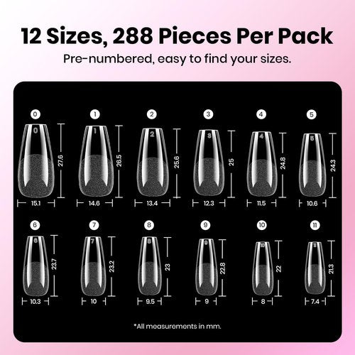 Beetles Gel Nail Kit Etch-X, Medium Coffin, 288pcs 12 Sizes Nail tips, 3Pcs 15ml HEMA-Free Nail Glue Top Coat & Base Gel Set, for Acrylic Press On Nail, Long Lasting Extension DIY Set at Home
