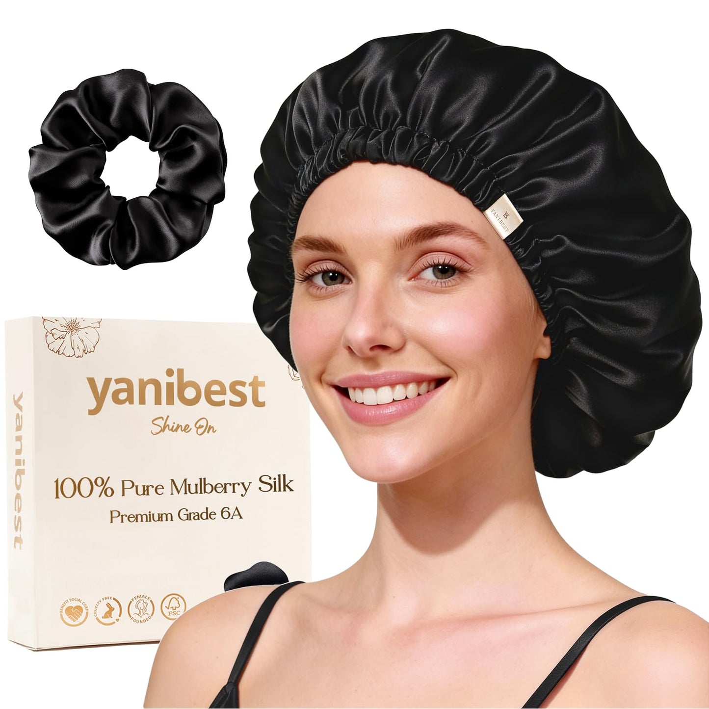 YANIBEST 22 Momme 100% Mulberry Silk Sleep Cap Adjustable Bonnet for Women - Sleeping Cap Hair Bonnet & Scrunchie
