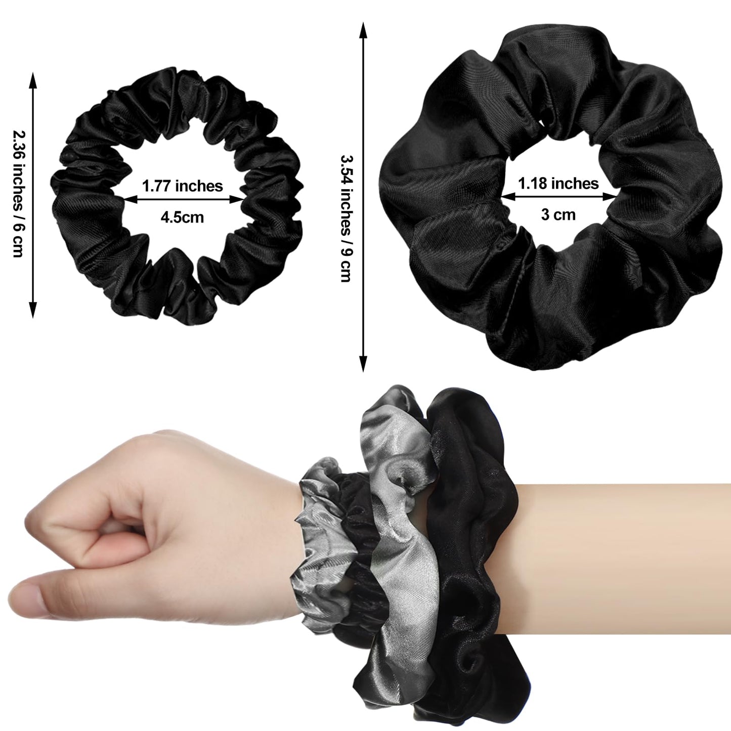 24 Pieces Satin Hair Scrunchies Silky Elastic Hair Bands Skinny Solid Hair Ties Ropes Ponytail Holder for Women Hair Accessories Decorations, 2 Sizes(Gray, Black)