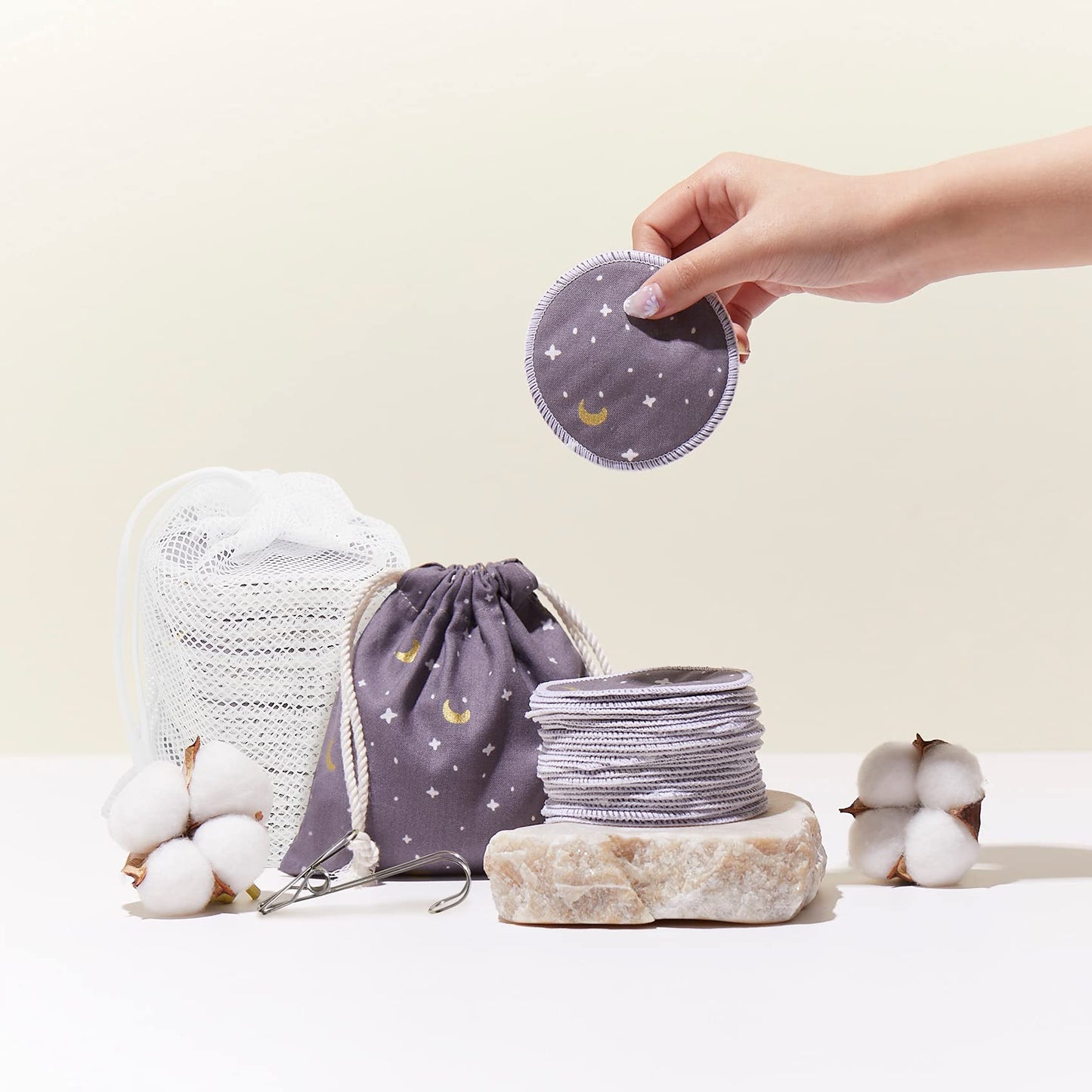 Handmade by AVO - Reusable Pads, Makeup Remover, Organic Cotton Rounds, Pads Facial Rounds Fabric Pouch Laundry Bag (Moon&Star Set)