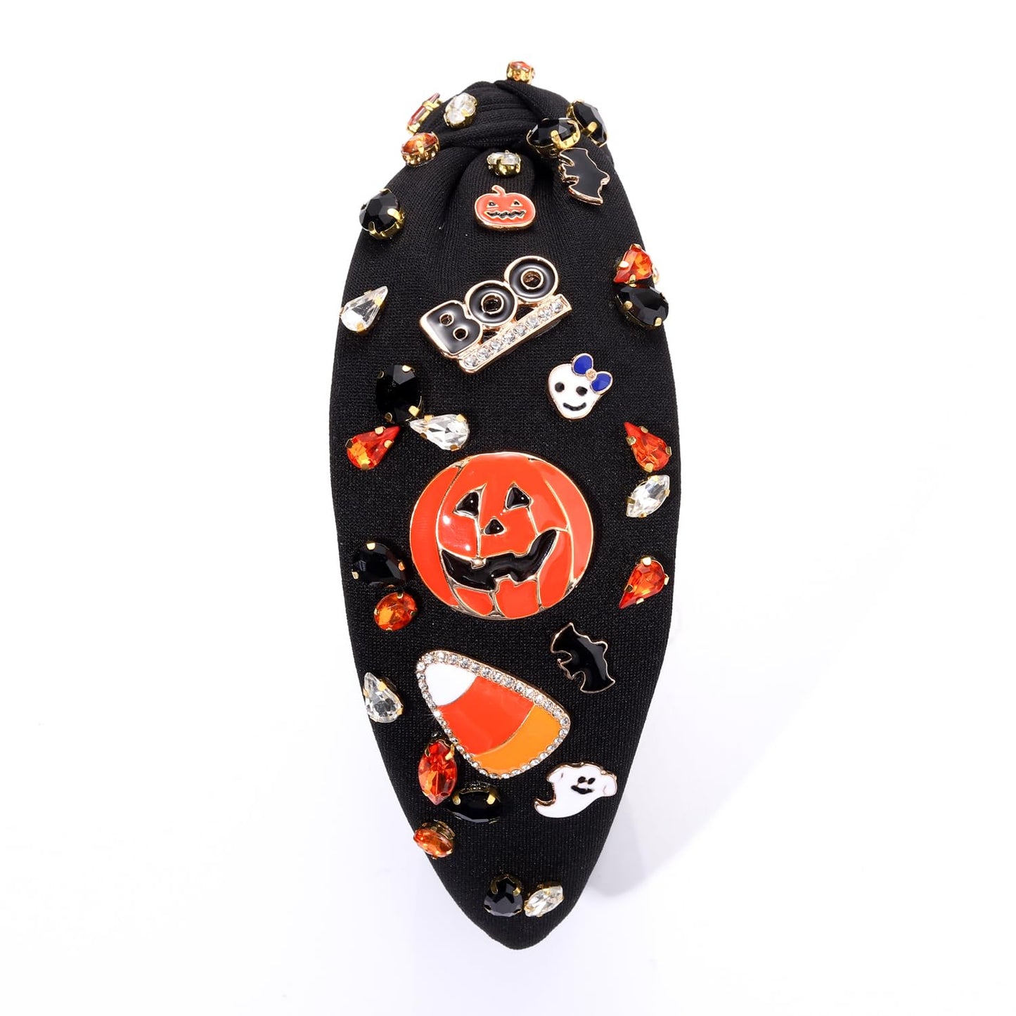 Halloween Headband Accessories for Women Crystal Pearl Knotted Headband Embellished Beaded Pumpkin Candy Corn Boo Headbands Rhinestone Jeweled Wide Top Knot Headband Costume Party Favors (Pumpkin 3)