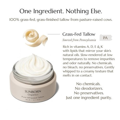 Pure Whipped Tallow Face Moisturizer - Unscented, 100% Grass-Fed Beef Tallow | Handmade in USA