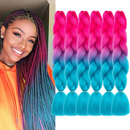 FYRLNA 6 Packs 24 Inch Jumbo Braiding Hair Soft High Temperature Resistance Synthetic Hair Extensions for Women 24 Inch Ombre Jumbo Braiding Hair Twist Crochet Braids Hair (24 Inch (Pack of 6), Pink to Lake Blue)