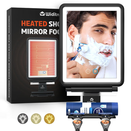 Widitn Heated Shower Mirror Fogless for Shaving, 3 Color Dimmable Lights Shower Mirror Fogless, Rechargeable Anti-Fog Shaving Mirror with Razor Holder, Storage Tray, Squeegee