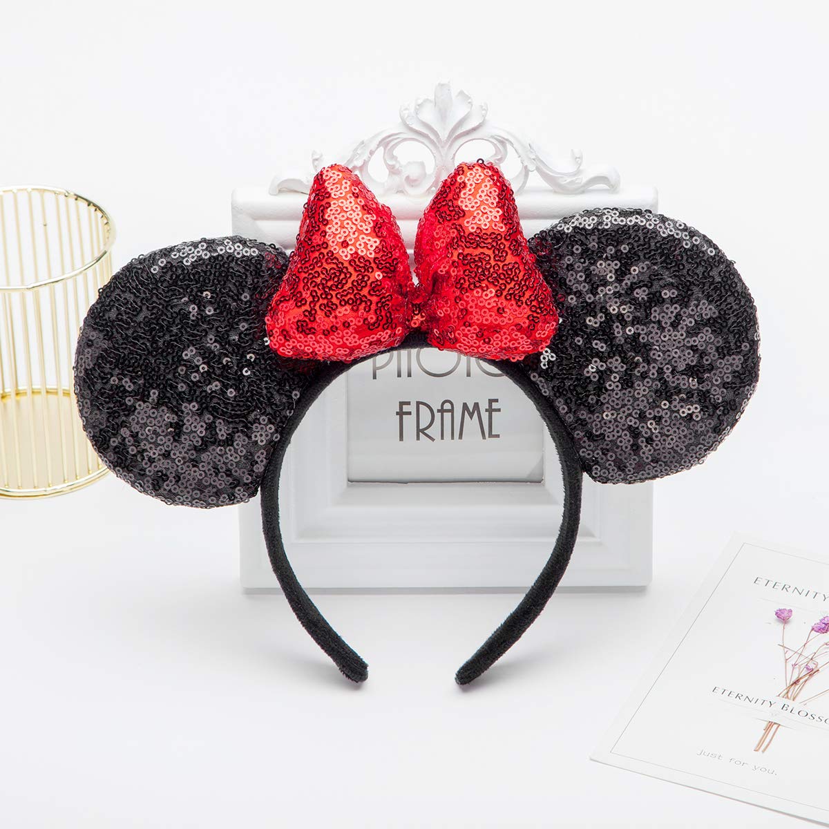 Seamoy Mouse Ears headband,2pcs Sequin Halloween Minnie Ears Headband Glitter Hairband for Princess Party Cosplay Costume Headwear Minnie&Mickey Themed Party Decorations (Red&Gold 3D)