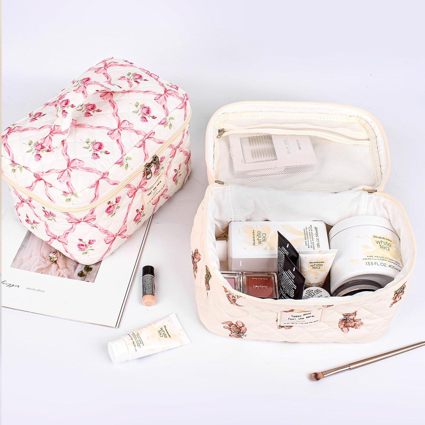 SXS LACONIC Large Makeup Bag,Quilted Makeup Bag Set,Cotton Coquette Aesthetic Floral Makeup Pouch for Women, Travel Cute Soften Cosmetics Bag Organizers for Girls