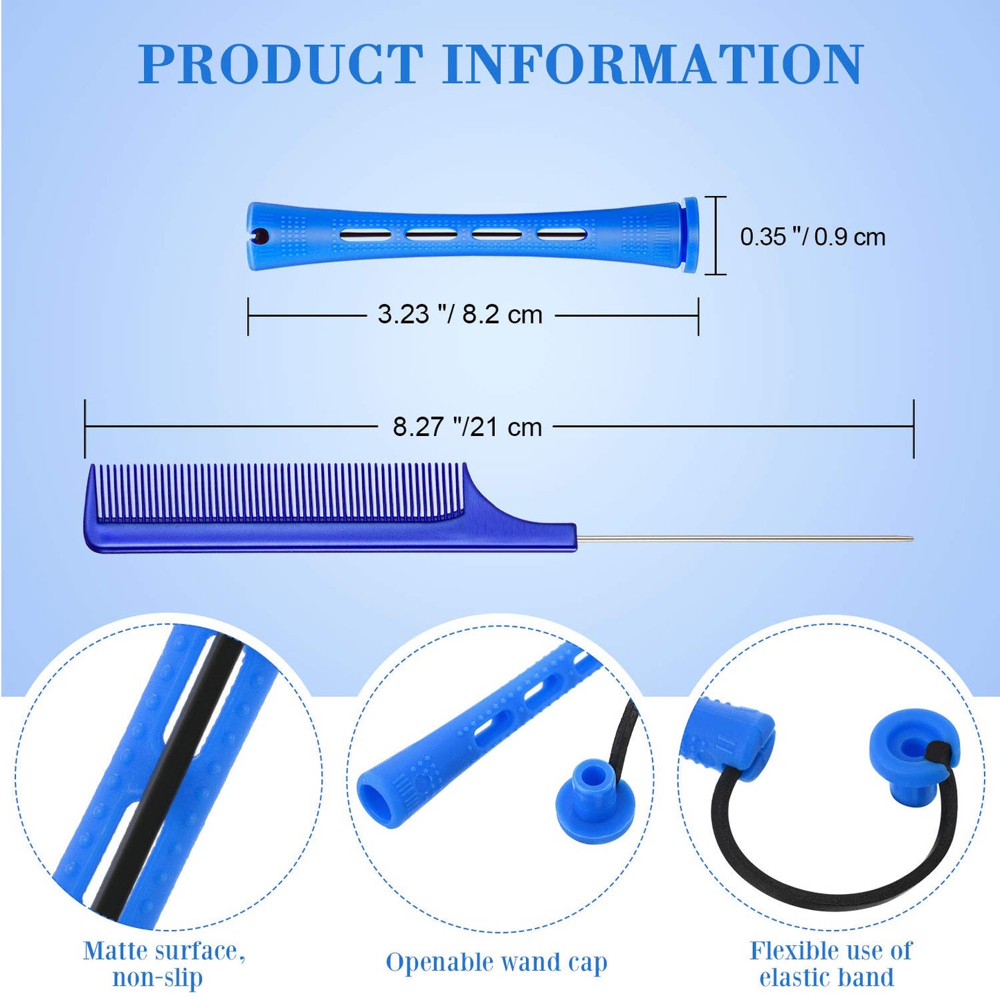 WILLBOND Hair Perm Rods - 96 Pcs Heatless Curlers with 2 Steel Pintail Combs | 0.35 Inch, Blue