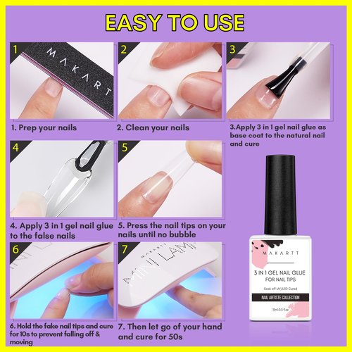 Makartt Gel Nail Glue: 3 in 1 Nail Glue for Acrylic Nails Extension Super Strong Adhesive Long Lasting Brush on Glues for Tips, Base Coat & Slip Solution, & Stick Rhinestone, Curing Needed, 15ml