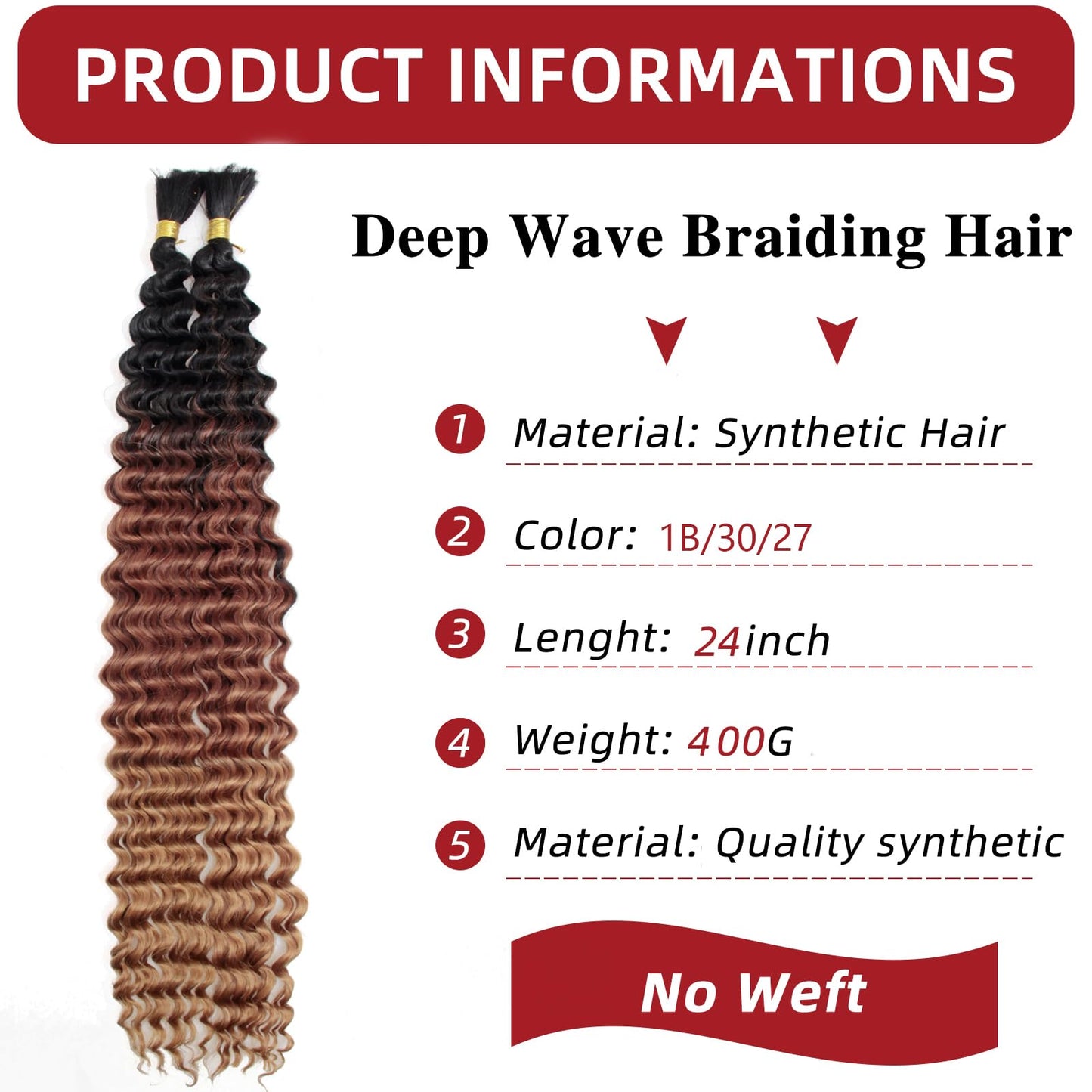 YXCHERISHAIR 8 Packs Boho Hair For Braiding Curly Braiding Hair for Boho Braids Ombre Deep Wave Bulk Hair Wet and Wavy Bohemian Braiding Hair Extensions No Weft(1B/30/27, 26inch)