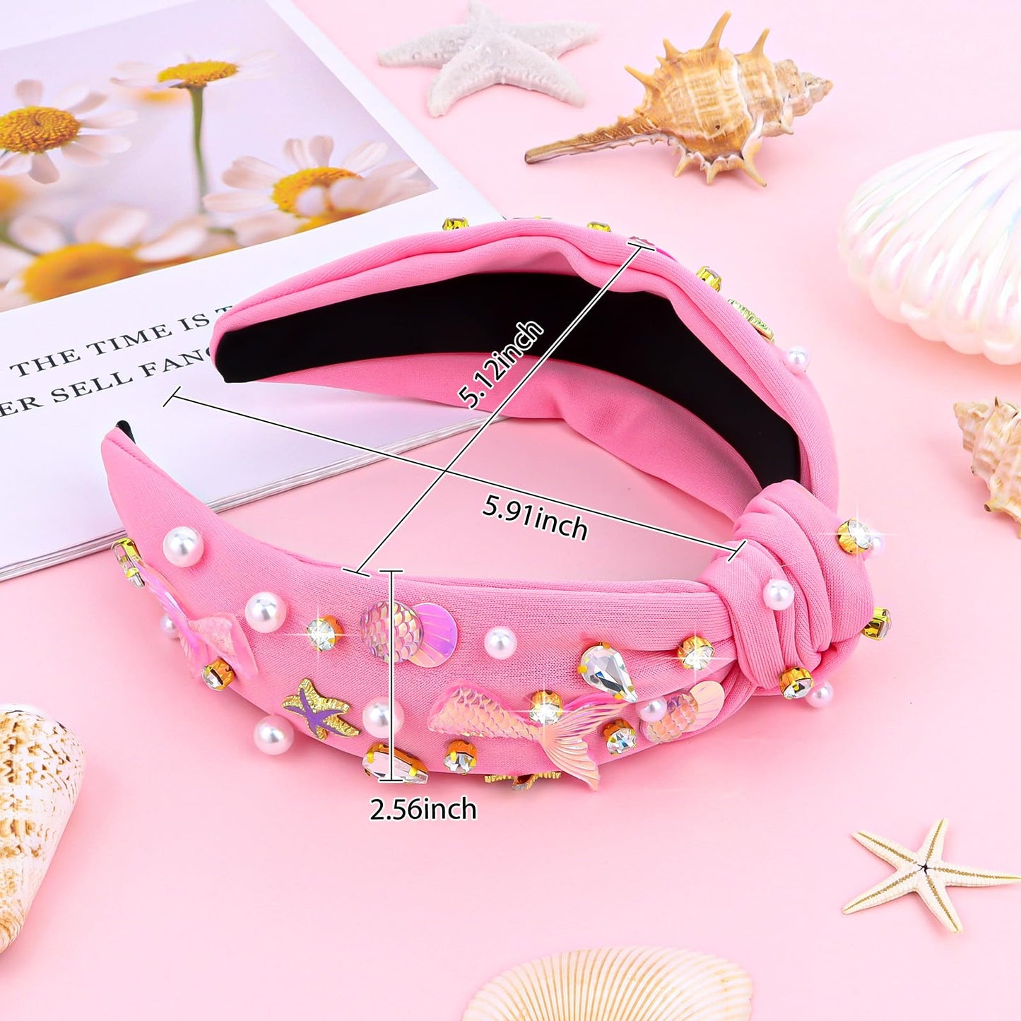 BAHABY Mermaid Pink Headband, Knotted Headband for Women, Mermaid Tail Rhinestones Pearl Starfish Decor, Mermaid Birthday Decorations, Gifts for Teen Girls