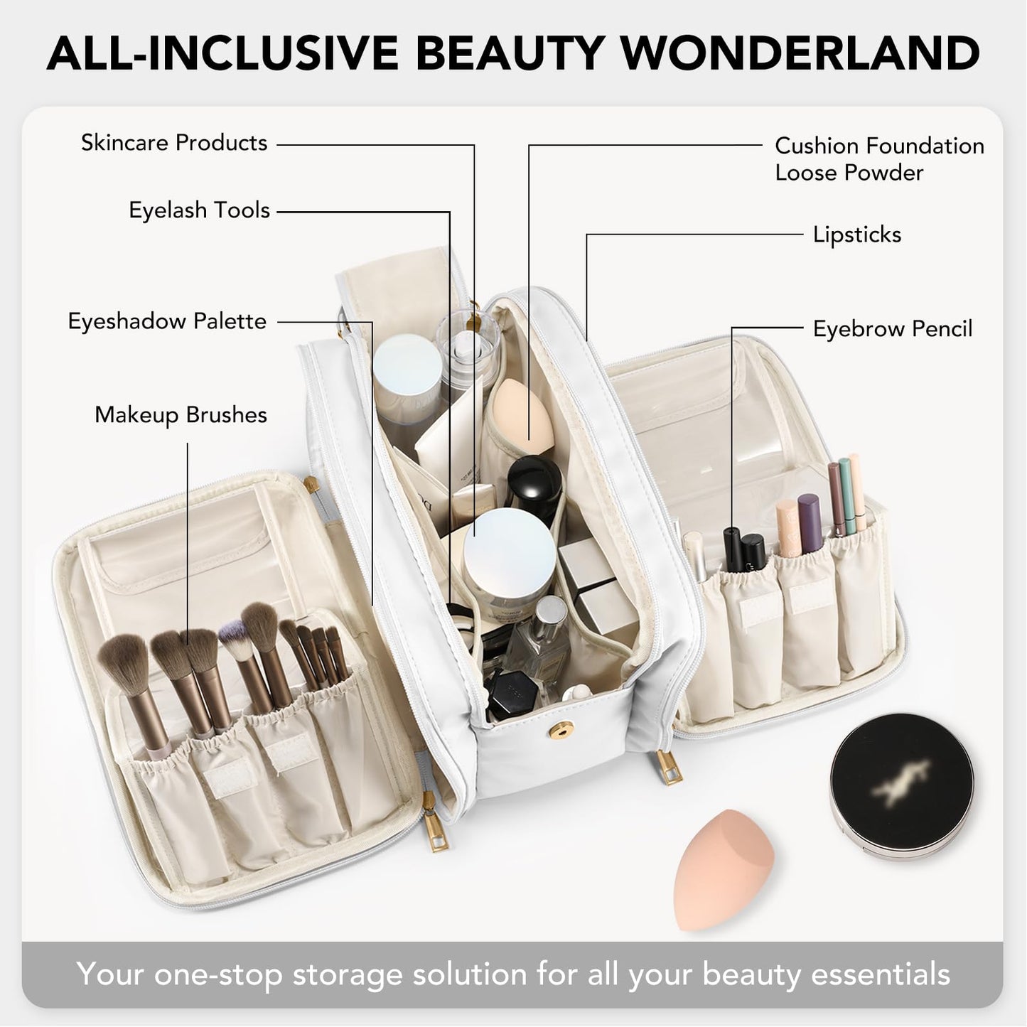 Travel Makeup Bag Women's Large Capacity Cosmetic Portable Organizer Waterproof Large Opening Storage Toiletry Bags Vertical Free-Standing Brush Holder for Easy Access（White）