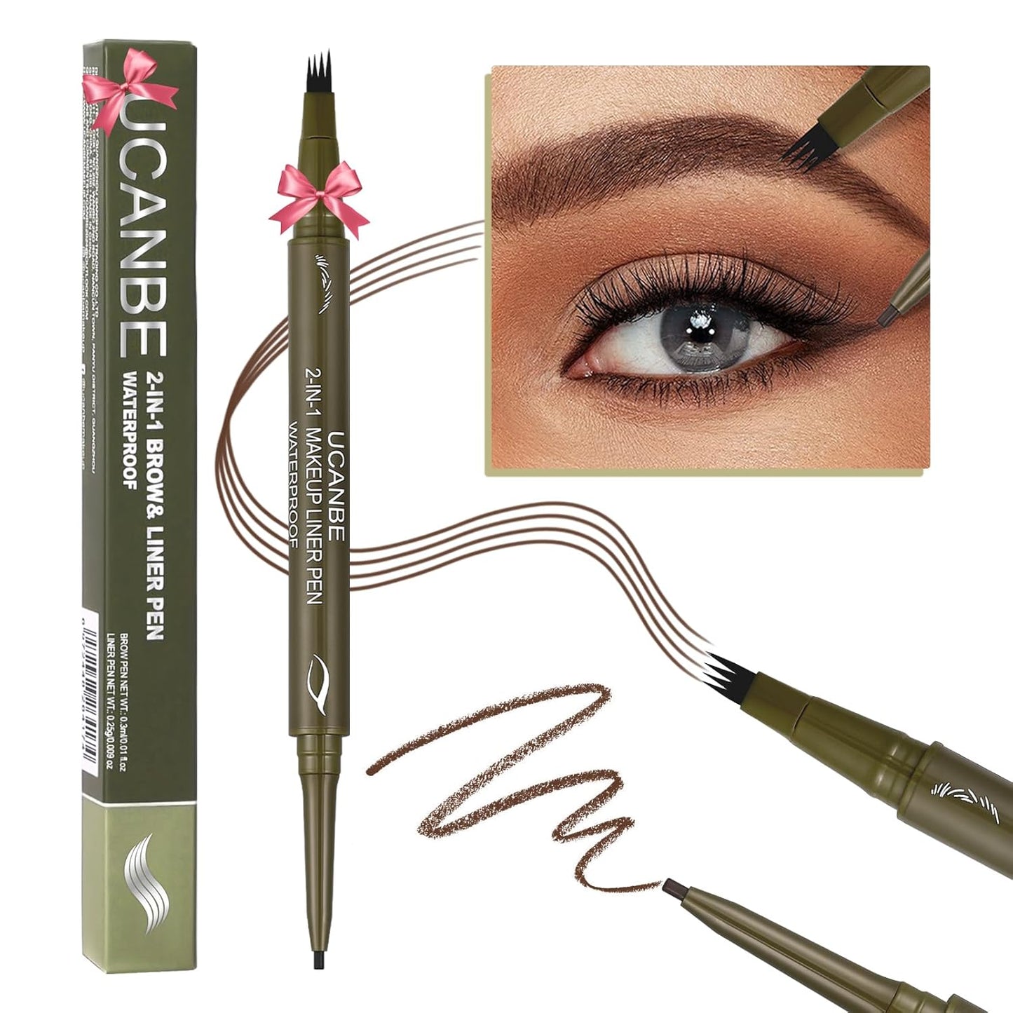 UCANBE Eyebrow Pen - Dual-Ended Pencil with 4-Fork Tip & Gel Eyeliner - Dark Brown, Hair-Like Strokes