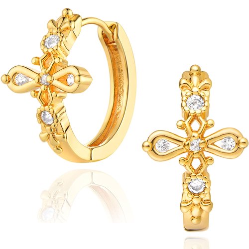 DREMMY STUDIOS Gold Dainty Huggie Hoop Earrings 18K Gold Plated Exquisite Open Tassel Dangle Charm Drop Sleeper Geometric Cross Coin Star Heart White CZ Simple Hypoallergenic Earrings for Women