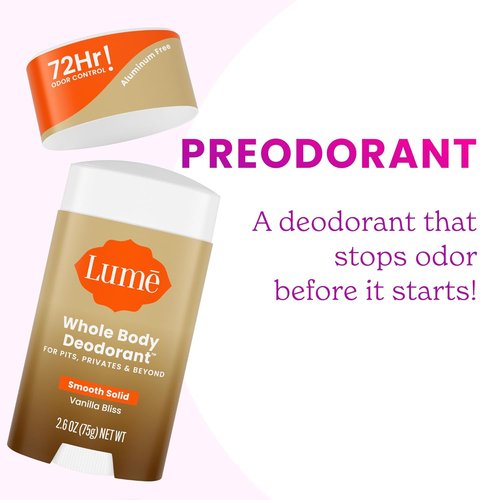 Lume Whole Body Deodorant - Smooth Solid Stick for 72-Hour Odor Control - Aluminum & Baking Soda Free - 2.6 Ounce (Pack of 2) | Vanilla Bliss