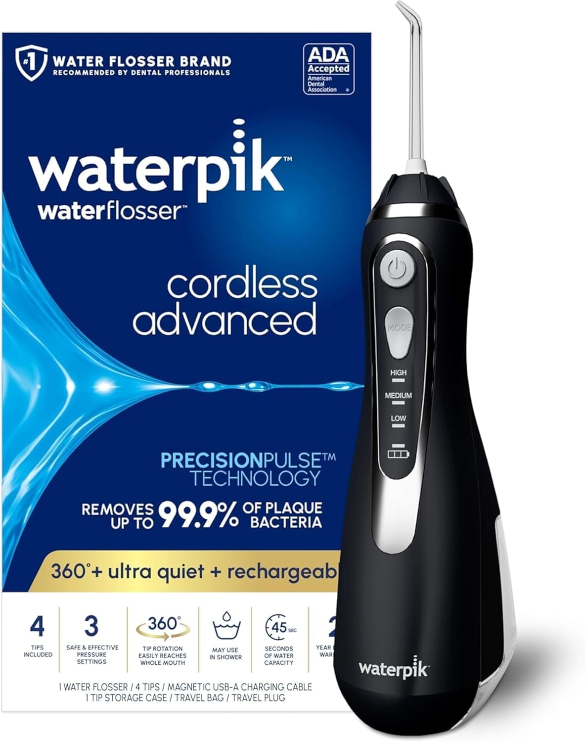 Waterpik Cordless Advanced 2.0 Water Flosser - Portable Dental Care With Travel Bag & 4 Tips, Black