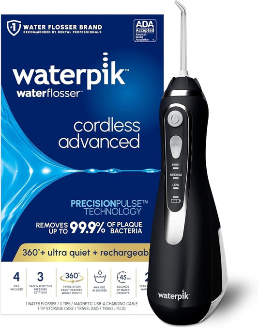 Waterpik Cordless Advanced 2.0 Water Flosser - Portable Dental Care With Travel Bag & 4 Tips, Black