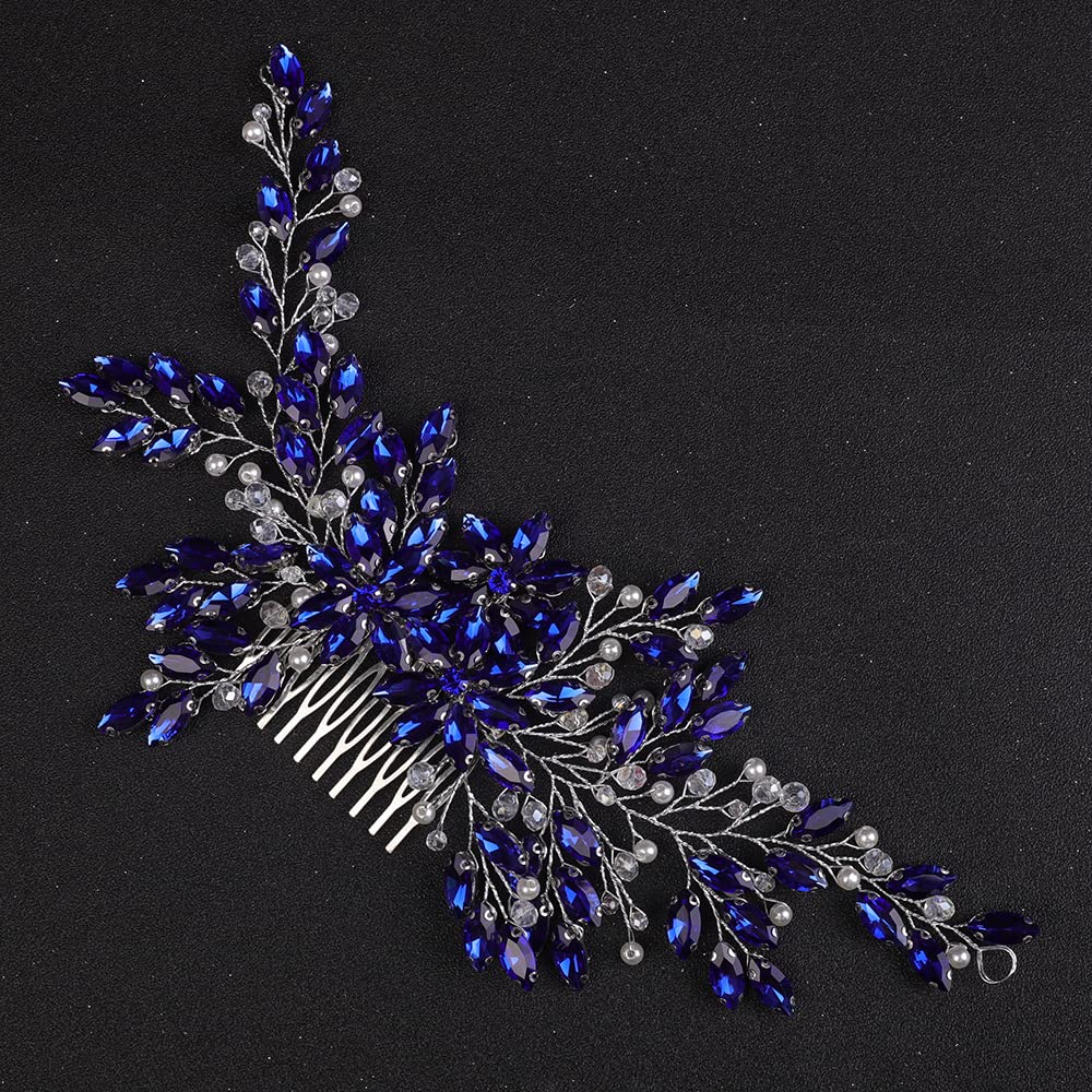 Teyglen Women Dainty Large Blue Rhinestones Flower Crystal Pearls Bride Wedding Hair Comb Headband Luxurious Hair Accessories Shiny Rhinestones Crystals Bridal Side Hair Combs for Women Bride Girls (Blue)